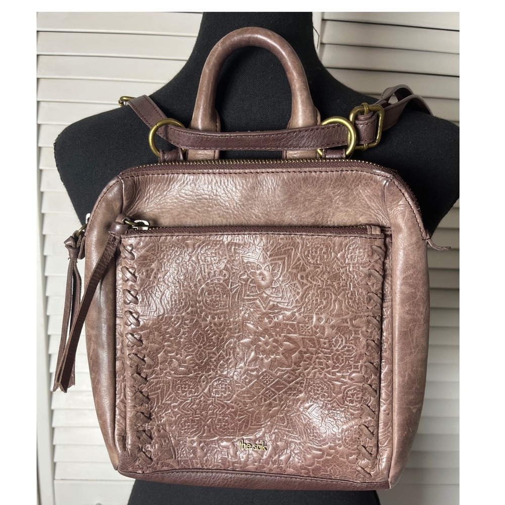 The Sak Brown Leather Embossed Floral Convertible Backpack Crossbody Bag - Picture 1 of 8